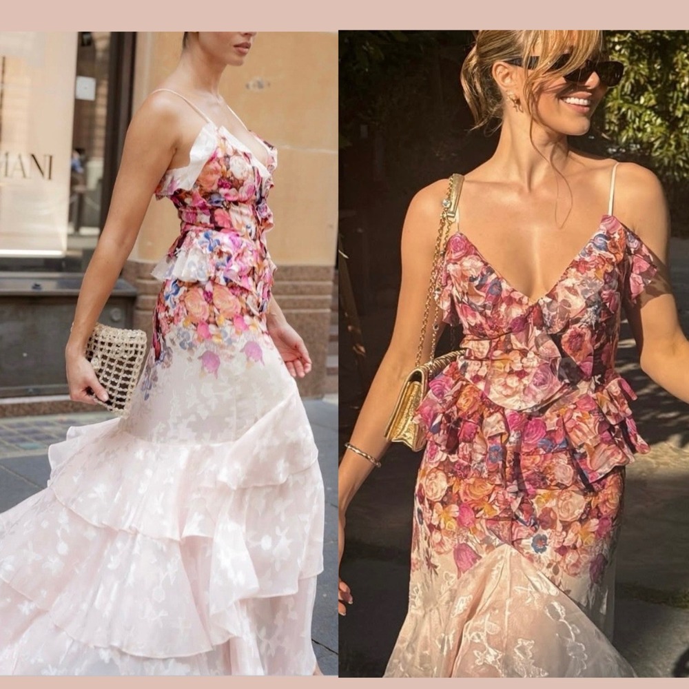 NWT $338 Elliatt [ XL ] Perla‎ Floral Tiered Maxi Dress Gowin Floral Pink S2118